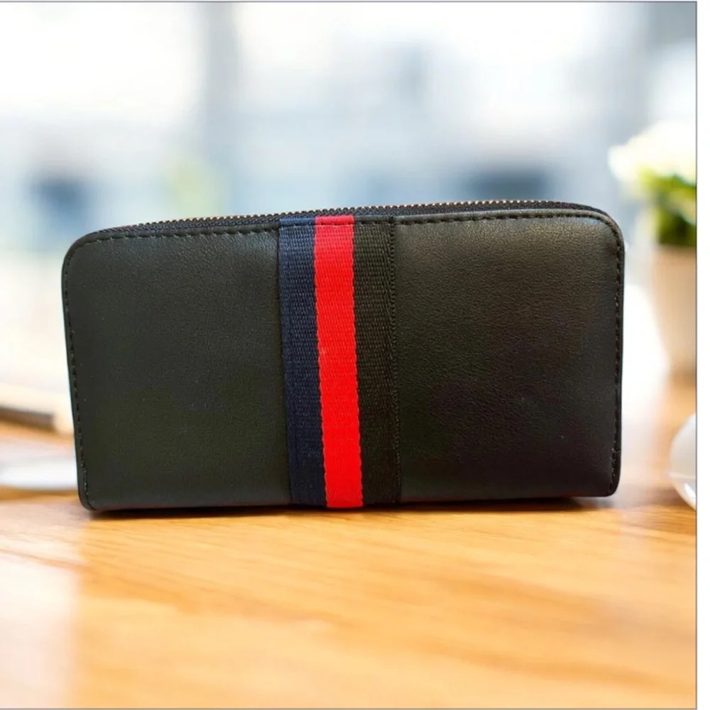 Black Faux Leather Zip‎ Wallet with Red & Navy Stripe Trim